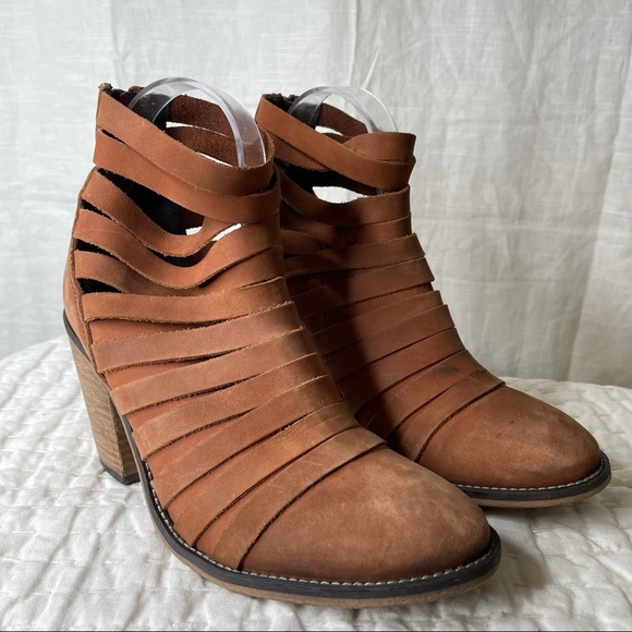 Free People Strappy Hybrid Stacked Heel Boot Brown Leather 38 Brown Zip Strap - Picture 15 of 15